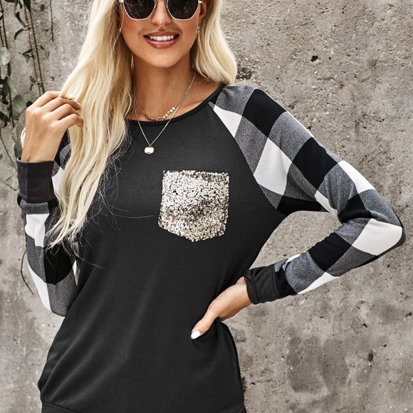 NEW! Black White Buffalo Check Sleeve Shirt Sequin - Picture 12 of 14